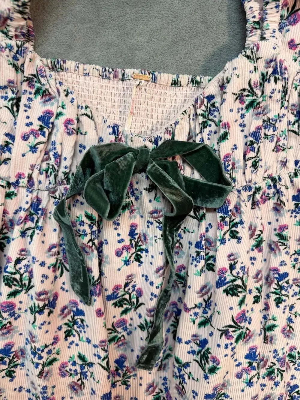 Free People Gaia Printed Corduroy Floral Blouse Top